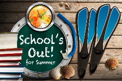 school\'s out for summer text on chalkboard surrounded with beach decor